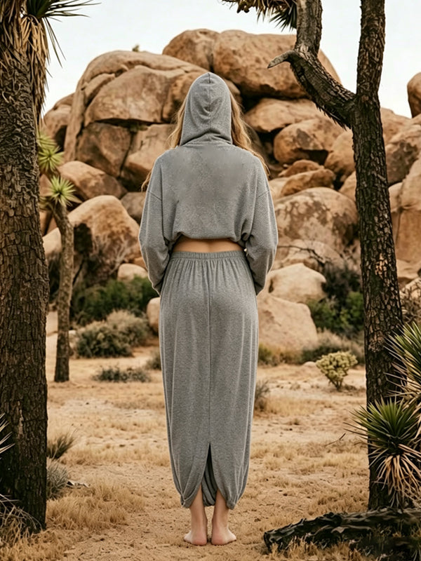 Grey 2-in-1 Maternity Dress with Long Sleeves and Ruffled Hem and Hooded Design