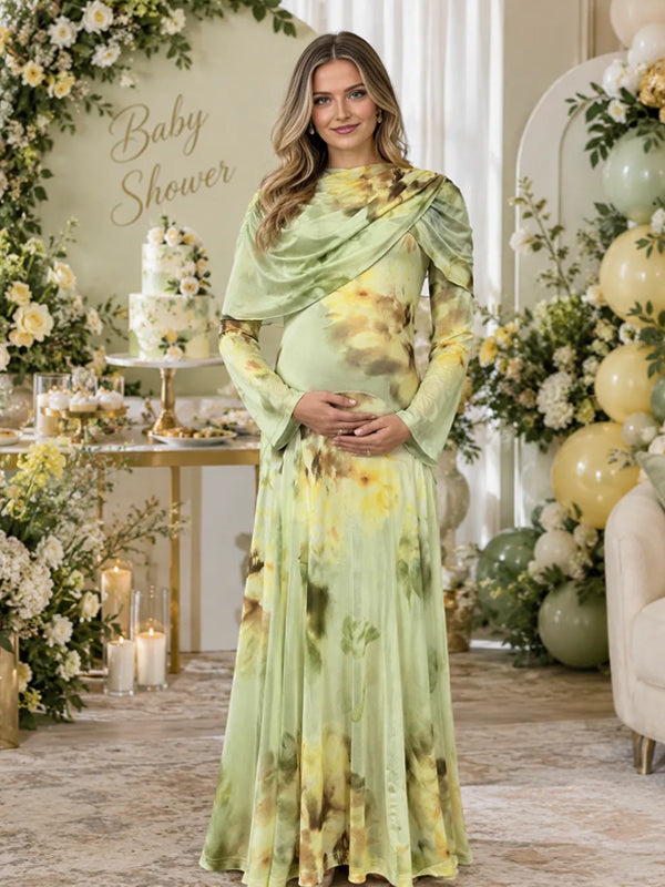 Green Elegant Ruched Maternity Maxi Dress with Cape and Print Detail and Flattering Fit, Baby Shower Occasion