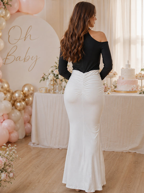 Black Maternity Maxi Dress with Ruched Detail and Off Shoulder Design