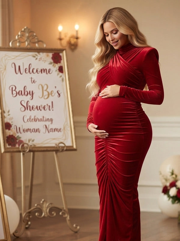 Red Elegant Maternity Maxi Dress with Cross Chest Ruched Detail and Fitted Backless Shape