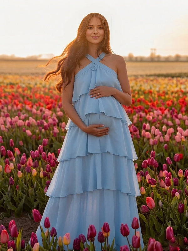 Momyknows Blue Halter Neck Ruffle 3D Flower Backless Maternity Photoshoot Maxi Dress