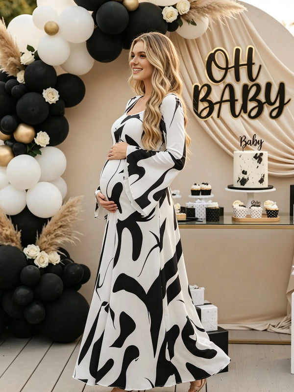 Black Printed Maternity Maxi Dress with High-Waisted Fit and Flared Sleeves