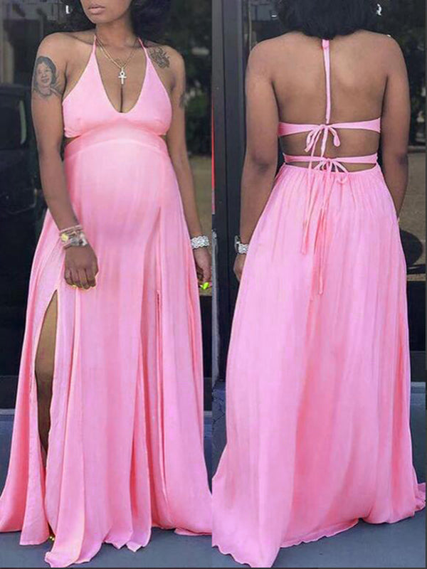 Momyknows Pink V-neck Spaghetti Strap Halter Neck Backless Cami Slit Baby Shower Plus Size Maternity Maxi Dress