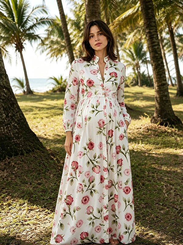Red Printed Maternity Maxi Dress with Single Breasted Front and Practical Pocket and Elegant Silhouette, Photoshoot