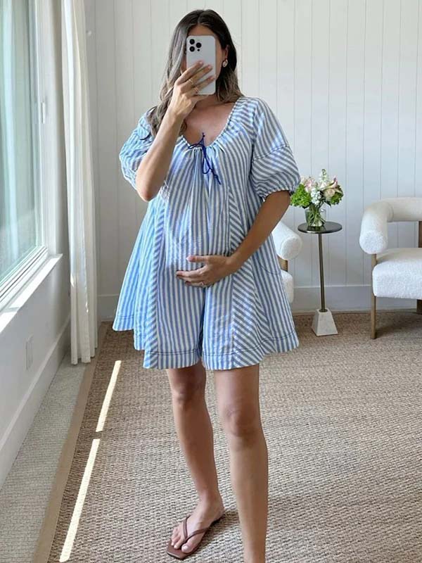 Momyknows Chic Blue Striped Bow Pockets A-Line Vacation Maternity Mini Dress