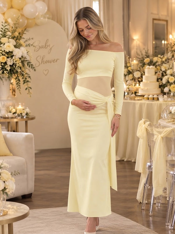 Buff Maternity Maxi Dress with Oblique Shoulder and Lace Up Detail and Elegant Silhouette