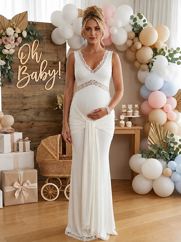 Momyknows White Lace Ruched Draped Big Swing Baby Shower Maternity Maxi Dress White / L Momyknows White Lace Ruched Draped Big Swing Baby Shower Maternity Maxi Dress White / L