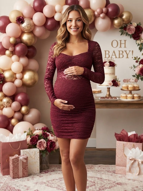 Red Lace Maternity Mini Dress with Ruched Detail and Square Neck and Elegant Spliced Silhouette