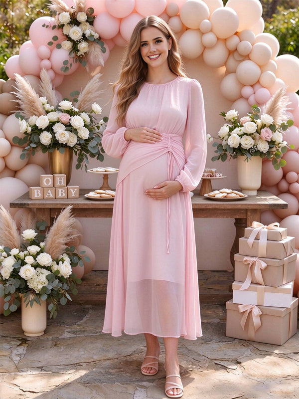 Pink Ruffle Drawstring Tulle A-Line Maternity Dresses