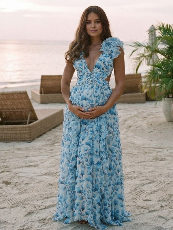 Momyknows Deep V Print Ruffle Backless Lace Up Maternity Photoshoot Maxi Dress - Blue - 2