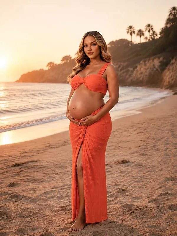 Momyknows Orange Slit Midriff Backless Ruffle Two Piece Maternity Photoshoot Maxi Dress - Orange - 2