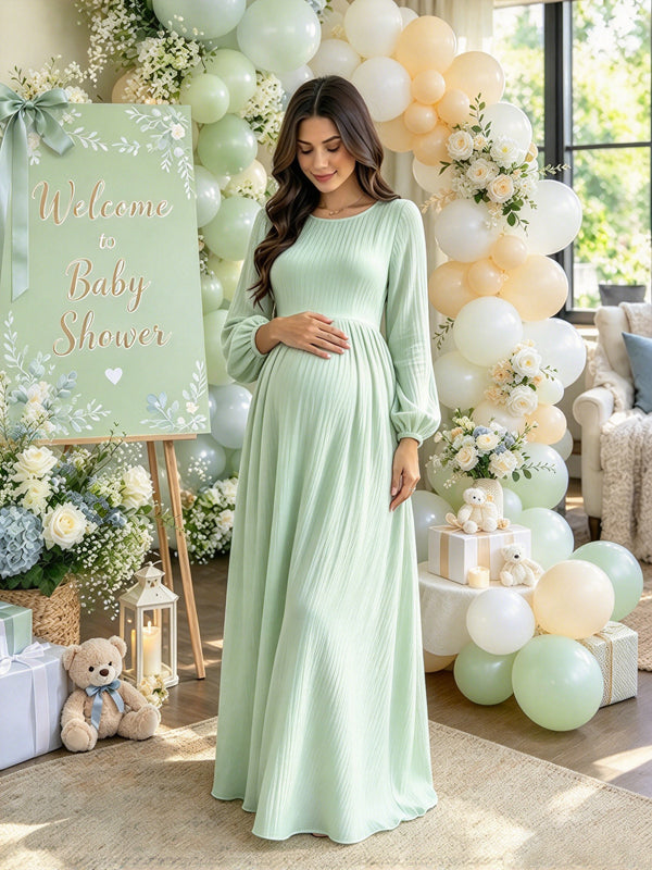 Green A-Line Baby Shower Maternity Maxi Dress with Gathered Bodice and Flowing Big Swing Fit
