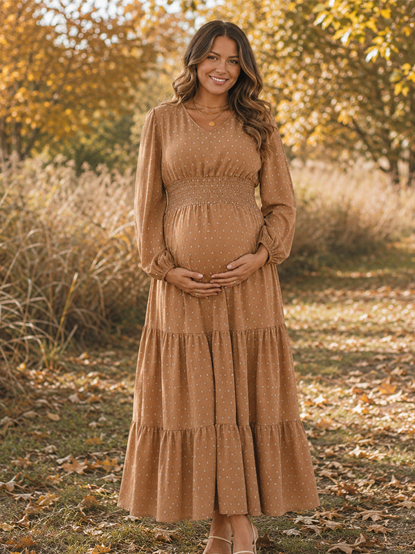 Khaki Elegant Ruffle Smocked Maternity Midi Dress with A-Line Silhouette and Photoshoot Fit