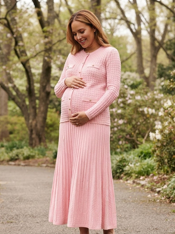 Pink Elegantd Maternity Maxi Dress with Crochet Texture and Button Detail and Elegant Silhouette, Photoshoot