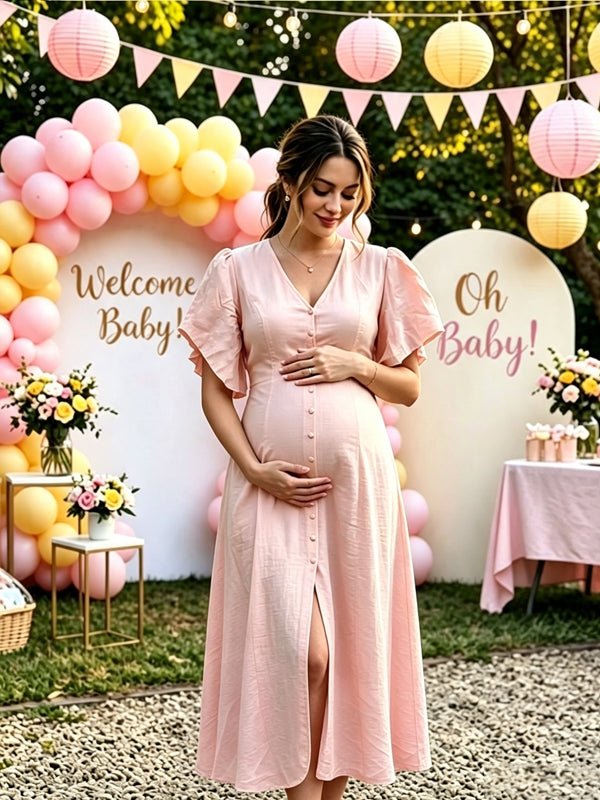 Momyknows Single Breasted Side Slit Solid Color Maternity Baby Shower Midi Dress - Pink - 4