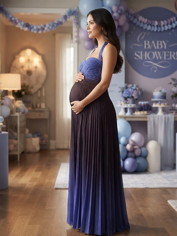Blue Gradient Maternity Maxi Dress with Backless Detail and Ruched Silhouette