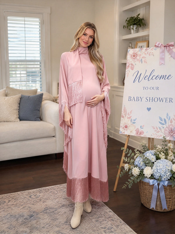 Pink Maternity Maxi Dress with Ribbon Tassels and Flowing Batwing Silhouette