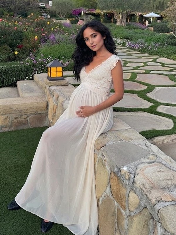 Momyknows Apricot Lace Grenadine Backless Solid Color A-Line Photoshoot Maternity Maxi Dress - Apricot - 2