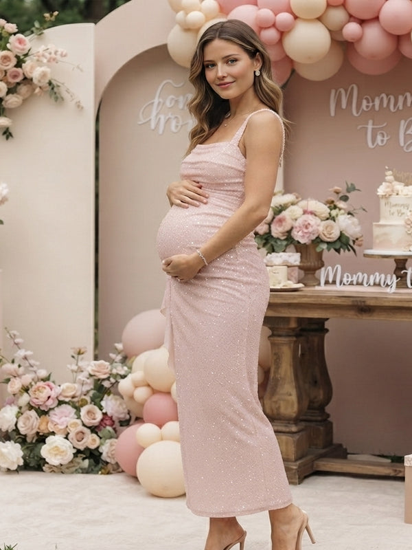 Pink Ruffle Maternity Midi Dress with Elegant Side Slit Detail