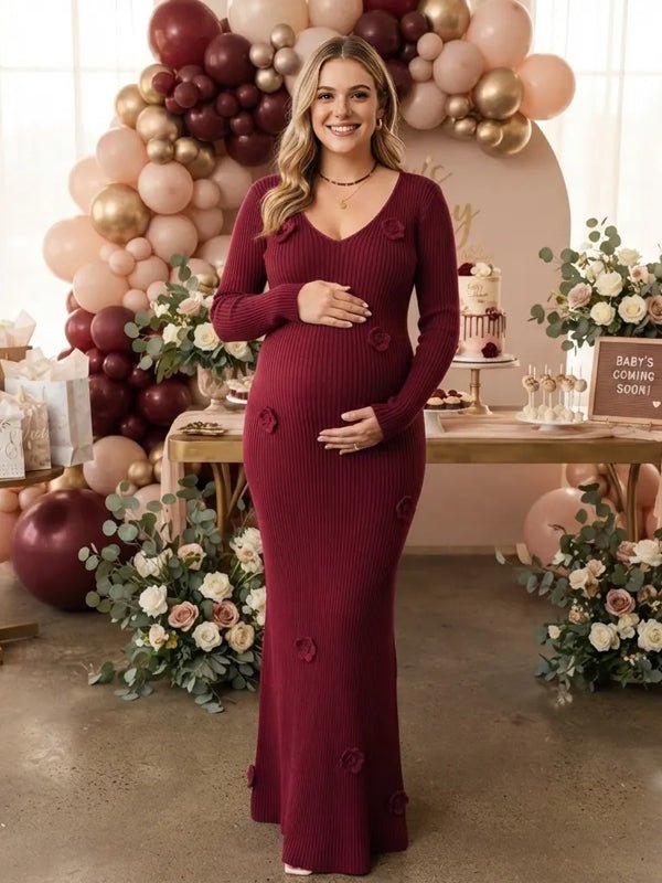 Momyknows V-neck Long Sleeve 3D Flower Crochet Babyshower Maternity Midi Dress - Red - 3