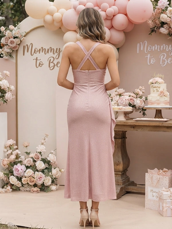 Pink Maternity Midi Dress with Ruffle Detail and Side Slit