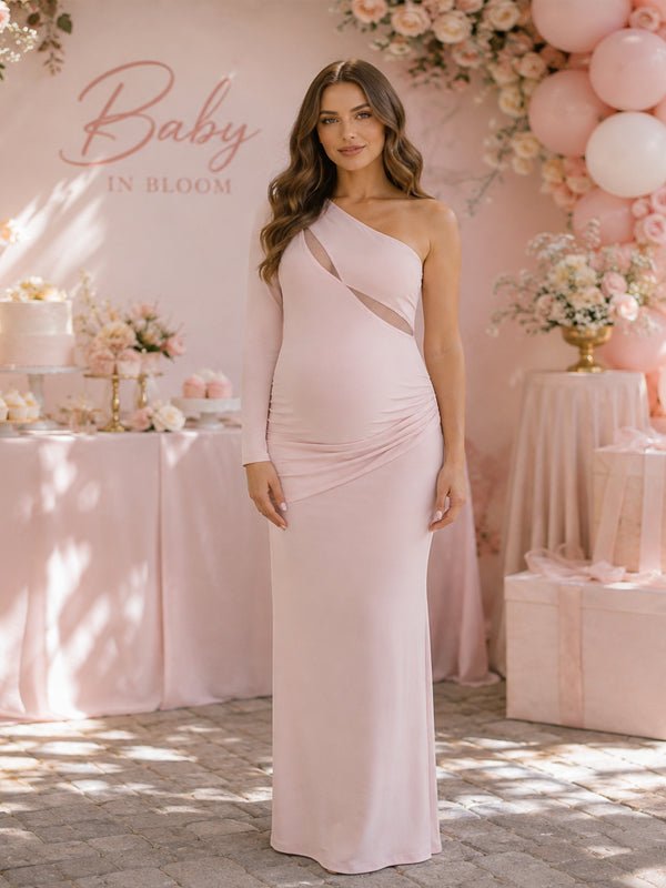 Momyknows Pink Oblique Shoulder Openwork One-Sleeve Ruched Maternity Baby Shower Maxi Dress - Pink - 2