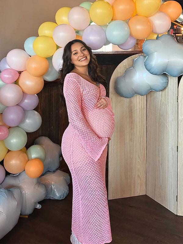 Momyknows Pink Cut Out Knit V-neck Flare Sleeve Backless Elegant Photoshoot Baby Shower Maternity Maxi Dress