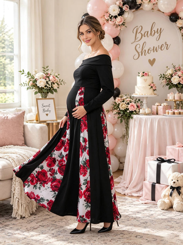 Black Maternity Maxi Dress with Off-the-Shoulder Neckline and Printed Panel Details