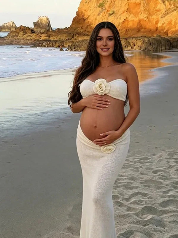 Momyknows Beige 3D Flower Lace-up Beach Maternity Maxi Dress