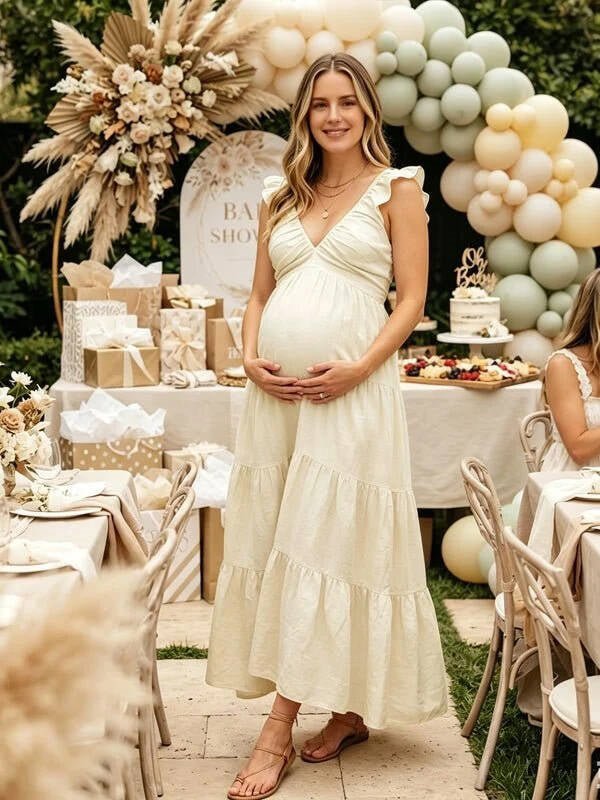 Momyknows V-neck Solid Color Falbala Ruffle Backless A-Line Maternity Baby Shower Maxi Dress - Apricot - 3