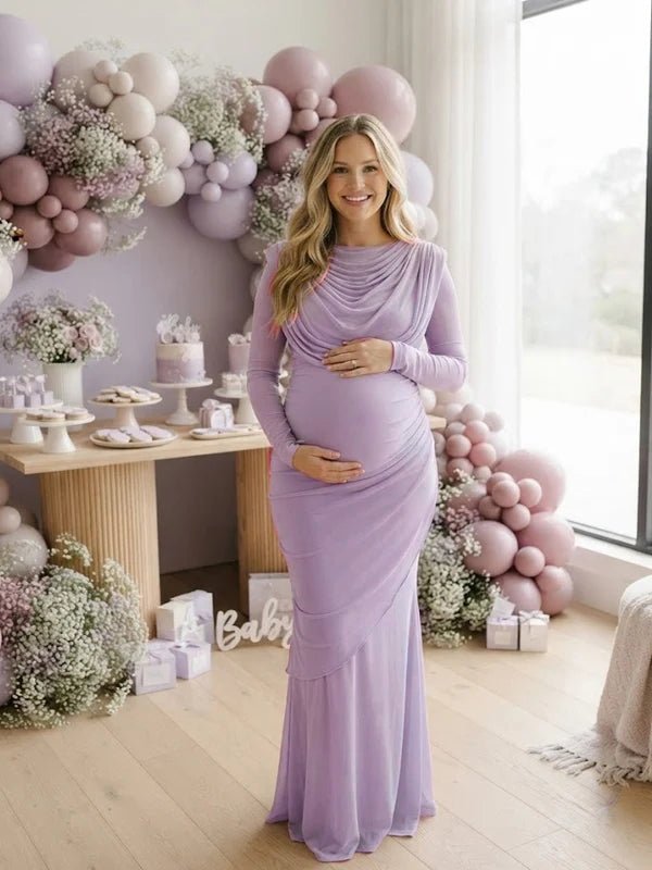 Momyknows Swing Collar Ruched Bodycon Maternity Baby Shower Maxi Dress - Purple - 8
