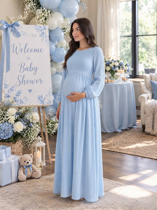 Blue A-Line Ruched Maternity Maxi Dress with Big Swing Fit
