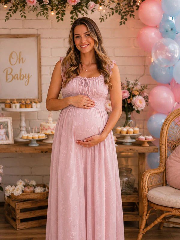 Momyknows Chic Falbala Shirring A-Line Baby Shower Maternity Maxi Dress - Pink - 1