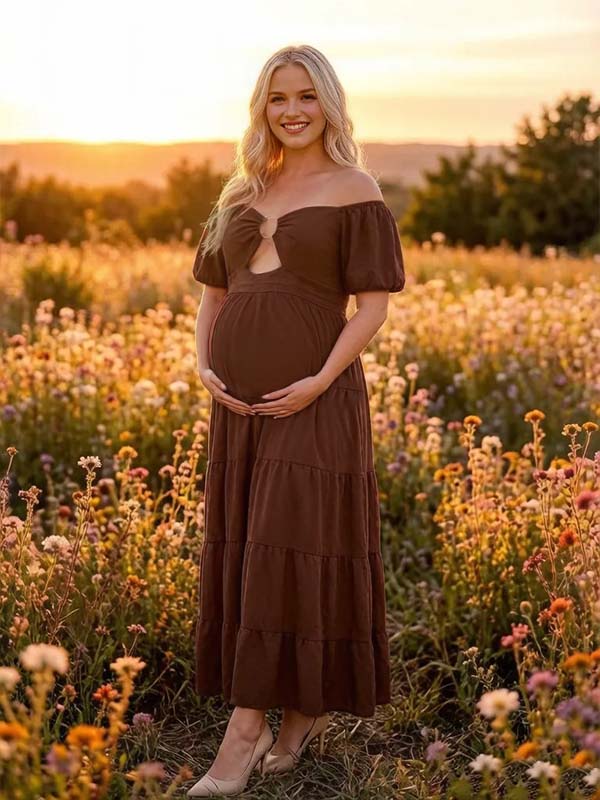 Momyknows Brown Ruffle Midriff Off Shoulder Tiered Skirt Maternity Photoshoot Maxi Dress - Brown - 1