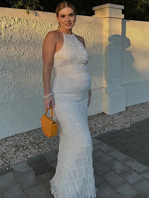 Momyknows White Halter Neck Backless Cowl Maternity Photoshoot Maxi Dress Momyknows White Halter Neck Backless Cowl Maternity Photoshoot Maxi Dress