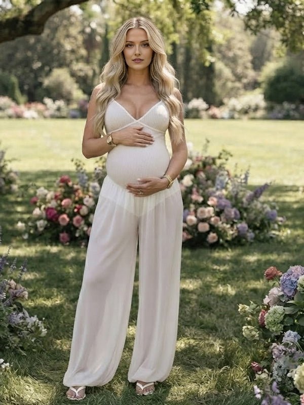 Momyknows White Spaghetti Strap Sheer Lace Up Backless Photoshoot Maternity Jumpsuit - White - 1