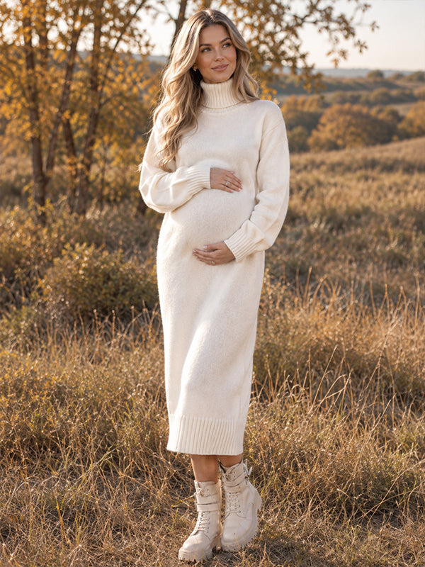White High Neck Crochet Sweater Maternity Midi Dress with Cozy Texture and Elegant Fit, Photoshoot Occasion