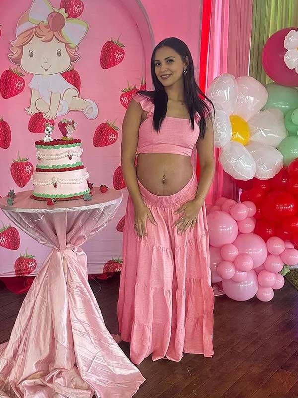 Momyknows Pink Spaghetti Strap Ruched Two Piece Maternity Baby Shower Maxi Dress