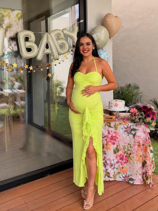 Momyknows Green Halter Neck Cowl Side Slit Maternity Babyshower Midi Dress