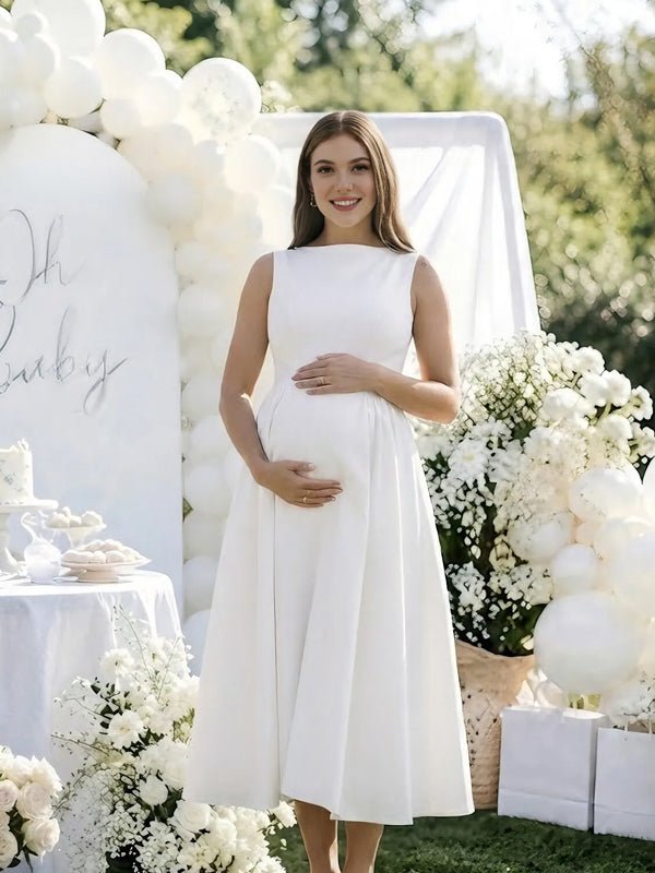 Momyknows White Backless A-Line Solid Color Maternity Baby Shower Midi Dress - White - 1