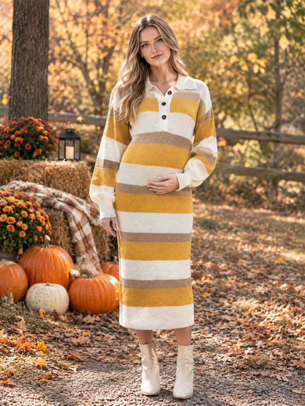 Yellow Striped Sweater Maternity Midi Dress with Slit and Colorblock Detail and Elegant Fit, Photoshoot Occasion