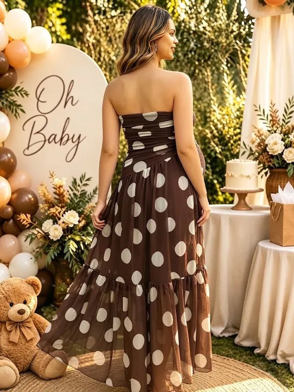 Momyknows Brown Open Back Off Shoulder Tulle Tutu Ombre Maternity Baby Shower Maxi Dress - Brown - 3