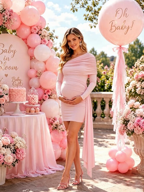 Momyknows Oblique Shoulder Ruffle Sash Bodycon Maternity Baby Shower Mini Dress - Pink - 4