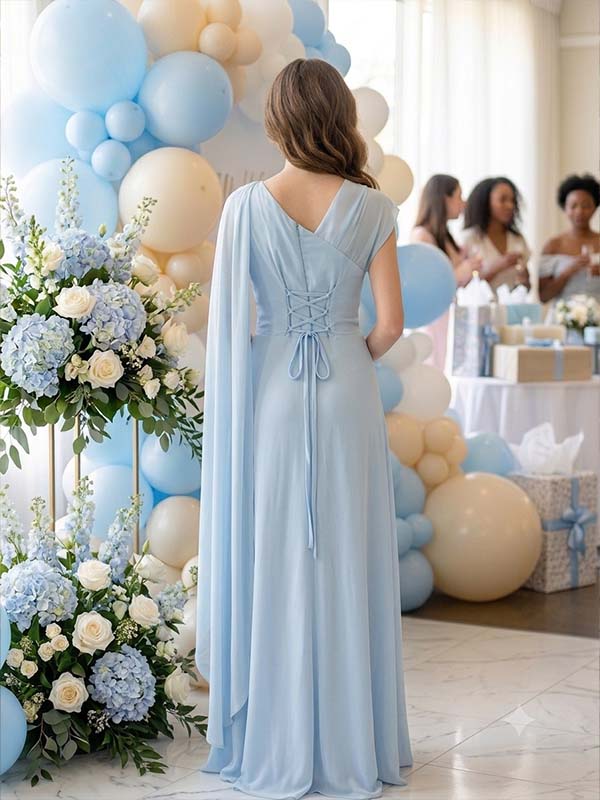 Momyknows Pink One-shoulder Ruffle Mermaid Splicing Maternity Baby Shower Maxi Dress - Light Blue - 4