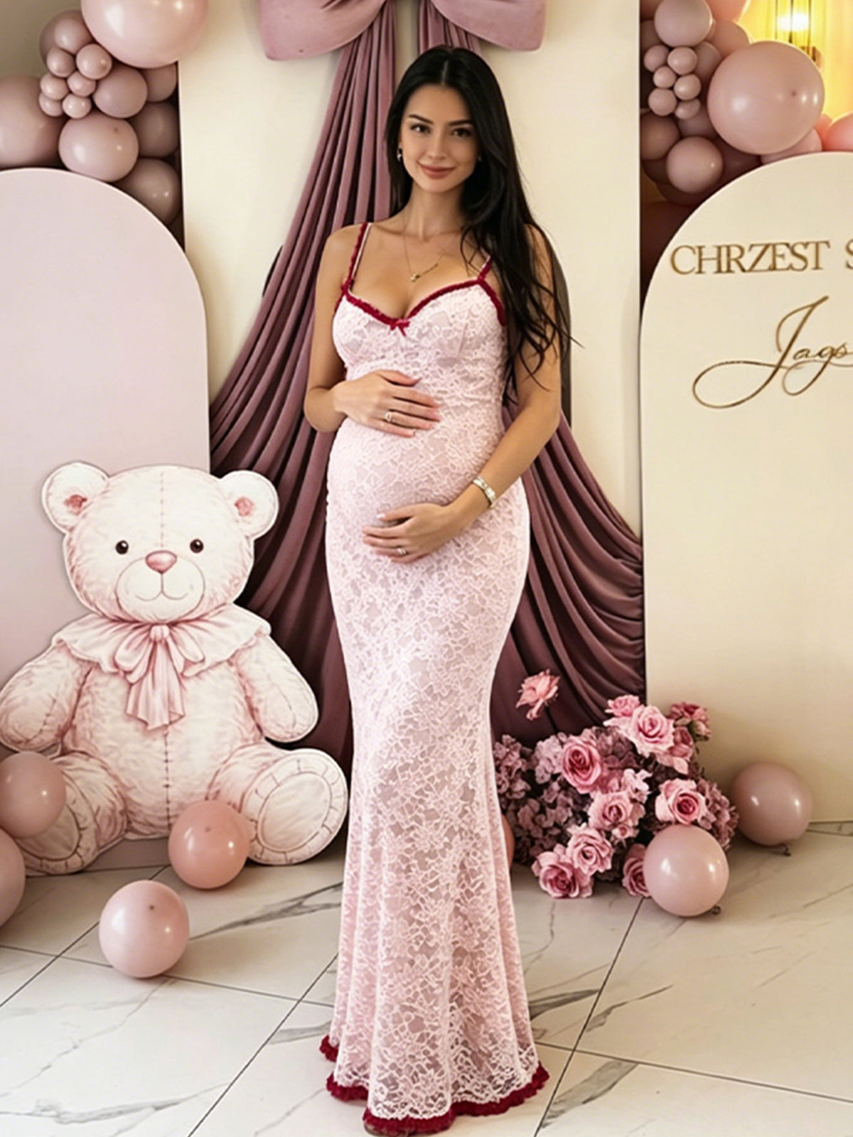 Momyknows lace Bowknot bodycon Spaghetti Strap Photoshoot Baby Shower Maternity Maxi Dress