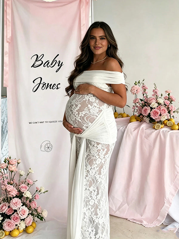 Momyknows Off Shoulder Lace Backless Ribbon Ruched Maternity Baby Shower Maxi Dress
