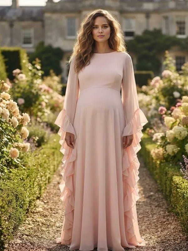 Momyknows Pink Ruffle Tulle Tutu Backless Big Swing Maternity Photoshoot Maxi Dress - Pink - 3