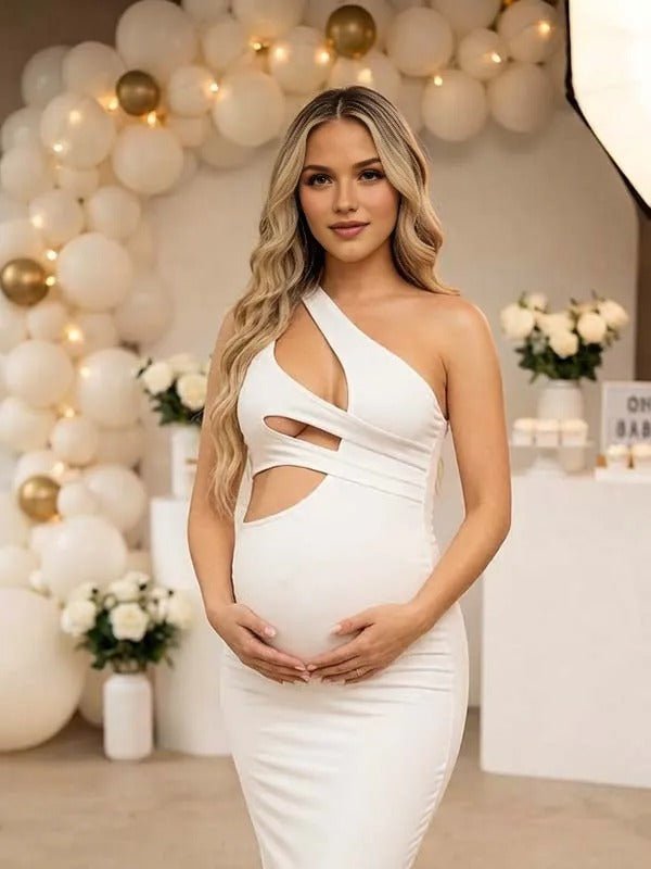 Momyknows White Oblique Shoulder Irregular Maternity Baby Shower Maxi Dress - White - 2