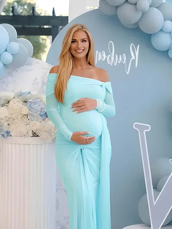 Momyknows Blue Mesh Off Shoulder Ruched Bowknot Draped Maternity Maxi Dress