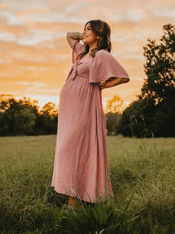 Momyknows Bow Flutter Sleeve Solid V-neck Flowy Cute Gender Reveal Maternity Maxi Dress, Beige / L